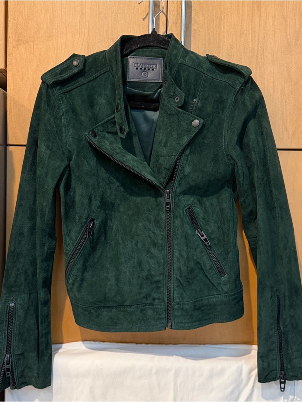 Blank NYC Dark Green Suede Moto Jacket with Epaulets